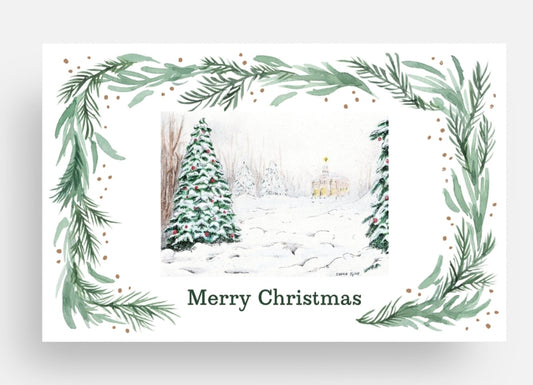 4.5"x7" Christmas Postcard "Church and Pine"